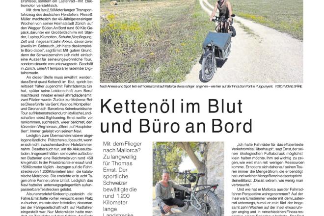Velo Winterthur in der Mallorca Zeitung – Cargobike-Reise von Zürich nach Barcelona von Thomas Ernst, Gründer und Inhaber des Veloladens